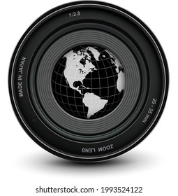 Camera photo lens and earth globe, The world inside the camera icon, vector illustration.