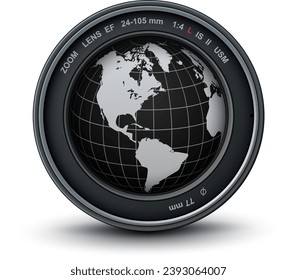 Camera photo lens with earth globe, The world inside the camera, 3D icon vector illustration.