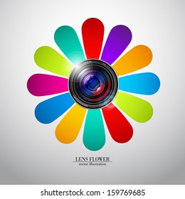 Camera photo lens with flower - vector illustration