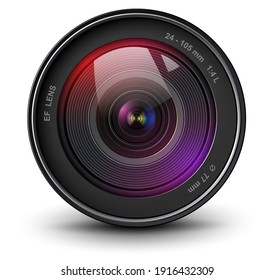 Camera photo lens, front view, realistic 3D vector icon.