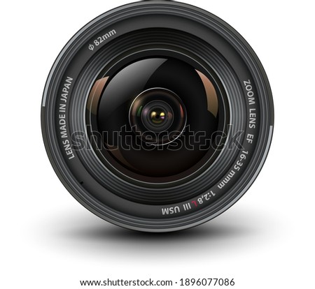 Camera photo lens, front view, realistic 3D vector icon.