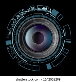 Camera photo lens with HUD interface. Stock vector illustration.