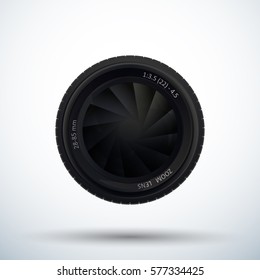 Camera photo lens with shutter. Diaphragm of a camera lens aperture. Vector illustration.