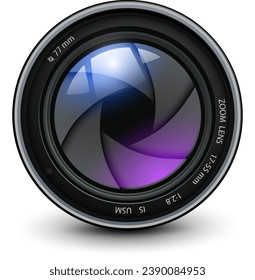 Camera photo lens with shutter inside, 3d icon realistic vector illustration.