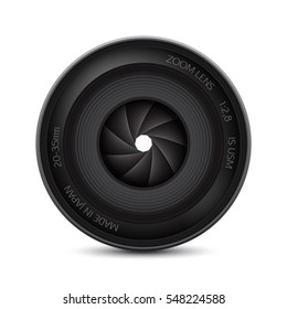 Camera photo lens with shutter on a white background. Vector illustration.