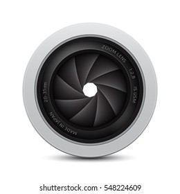 Camera photo lens with shutter on a white background. Vector illustration.