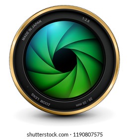 Camera photo lens with shutter, vector icon.