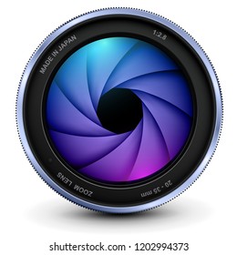 Camera photo lens with shutter, vector icon.