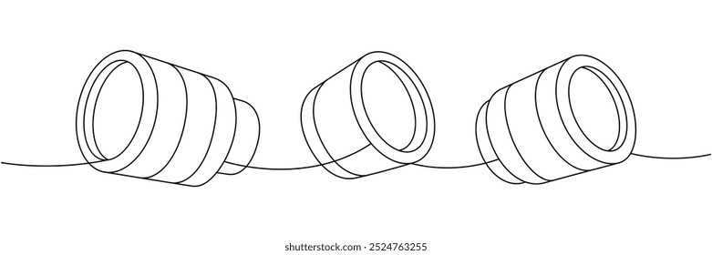 Lente fotográfica da câmera com obturadores um desenho contínuo de linha. Equipamento profissional de fotografia. Ilustração linear de vetor.