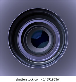 Camera photo lens vector. Camera lens vector illustration with realistic reflections in blue-gray shades. Lens shutter and camera lens realistic sign.