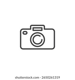 Camera photo line icon in outline vector style. Shows a camera for taking product images. Photography icon and ecommerce visual symbol.