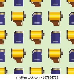 Camera photo memory card seamless pattern objective retro photography equipment professional look vector illustration