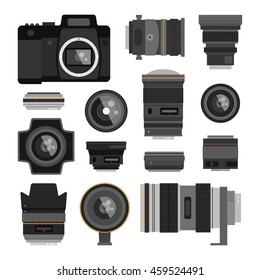 Camera photo optic lenses set on white background