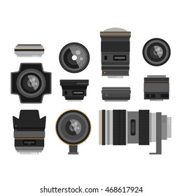 Camera photo optic lenses set on white background vector