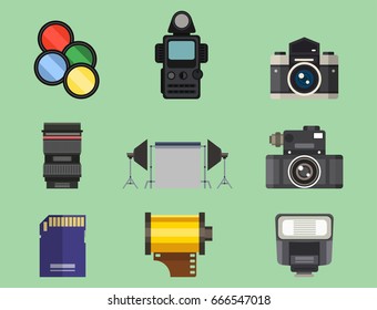 Camera photo optic lenses set different types objective retro photography equipment professional look vector illustration