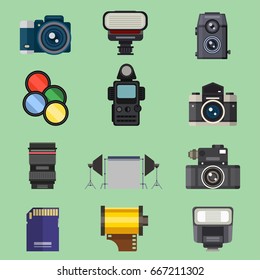 Camera photo optic lenses set different types objective retro photography equipment professional look vector illustration