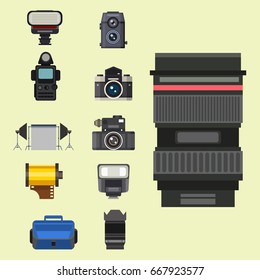 Camera photo optic lenses set different types objective retro photography equipment professional look vector illustration
