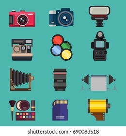 Camera photo optic lenses set different types objective retro photography equipment professional look vector illustration