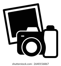 Camera with photo paper solid icon, exhibition concept. Vector graphics. Photo camera shot, photography sign on white background, style mobile or design