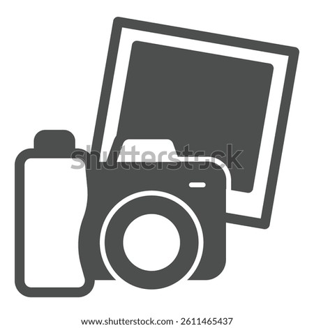 Camera with photo paper solid icon, exhibition concept. Vector graphics. Photo camera shot, photography sign on white background, glyph style icon for mobile or web design