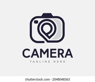 camera photo pin location map mono line logo template illustration