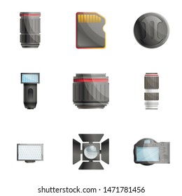 Camera photo tools icon set. Cartoon set of 9 camera photo tools vector icons for web design isolated on white background