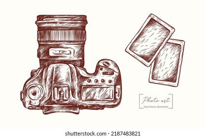 Camera photo top view, photo cards in engraving style. Vintage vector hand drawn. Photo illustrations  for invitations, card, print and designs