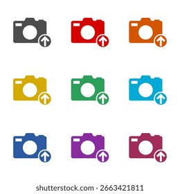 Camera, photo upload icon isolated on white background. Set icons colorful