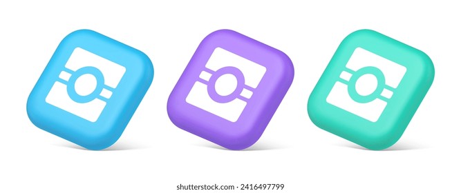 Camera photo video application button multimedia photograph service 3d realistic blue purple and green icons. Electronic optical objective picture media website panel interface