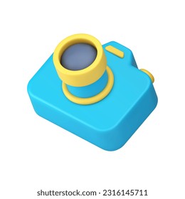 Camera photo video content creation photography zoom optical technology 3d icon realistic vector illustration. Photographing shooting equipment picture image application isometric badge