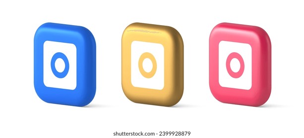 Camera photo video shooting button multimedia content creation web application 3d realistic blue gold and pink icons. Photographing app media picture electronic movie service