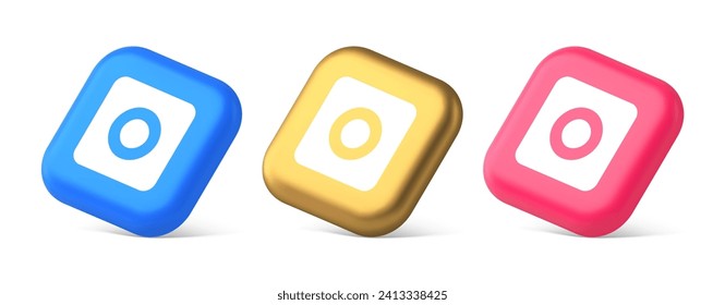 Camera photo video shooting button multimedia content creation web application 3d realistic blue gold and pink icons. Photographing app media picture electronic movie service