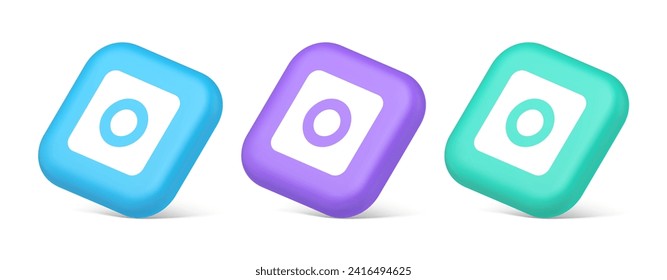 Camera photo video shooting button multimedia content creation web application 3d realistic blue purple and green icons. Photographing app media picture electronic movie service