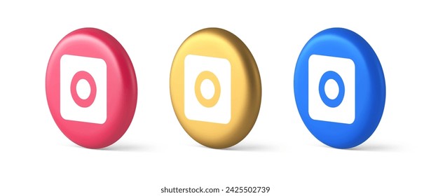 Cámara foto video disparo botón multimedia creación de contenido aplicación web 3d realista oro azul y rosa iconos. Servicio de fotografía de películas electrónicas de imágenes multimedia de la aplicación