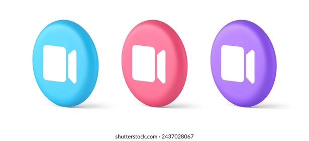 Camera photo video shooting multimedia content creation blue button 3d realistic blue pink and purple icons. Photographing application panel user interface badge web media service