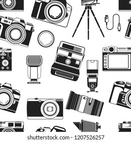 Camera photograph, portable old style apparatus equipment for photographers seamless pattern vector.