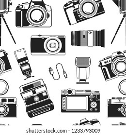 Camera photograph, portable old style apparatus equipment for photographers seamless pattern vector.
