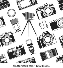 Camera photograph, portable old style apparatus equipment for photographers seamless pattern vector. Monochrome icons of optical lens and objectives for making good photo. Photography art and