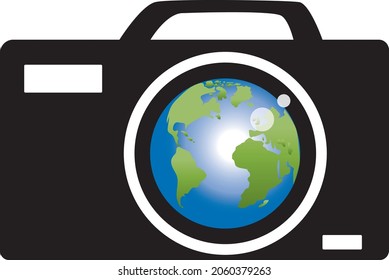 Camera photographer, drawing, stock vector, photographing the world
