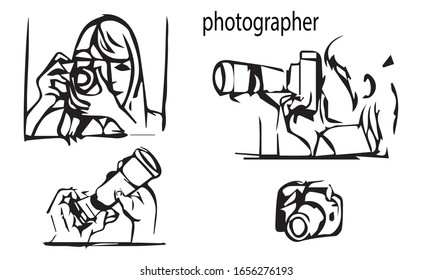 cámara, fotógrafo, boceto, cámara en las manos.