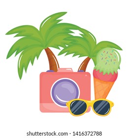 camera photographic with ice cream and sunglasses