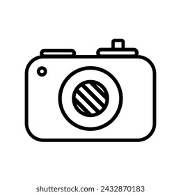 Camera for photographing memorable event, birthday party symbol. Outline of festive photo camera for design of children entertainment center. Simple linear icon isolated on white background