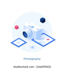 Camera and photographs. Concept of photography as hobby, art or profession, photographic images or pictures, photo studio or service advertisement. Vector illustration in isometric style for banner.