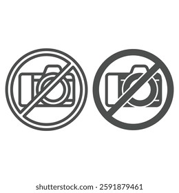 Camera for photography ban line and solid icon, prohibited elements concept. Vector graphics. Photo camera shooting forbidden sign on white background, outline style icon for mobile or web design