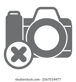 Camera for photography ban solid icon, prohibited items concept. Vector graphics. Photo camera shooting forbidden sign on white background, glyph style icon for mobile or web design