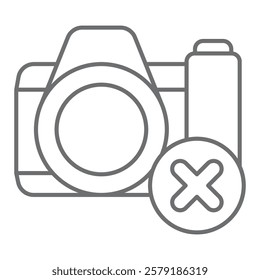 Camera for photography ban thin line icon, prohibited items concept. Vector graphics. Photo camera shooting forbidden sign on white background, outline style icon for mobile or web design