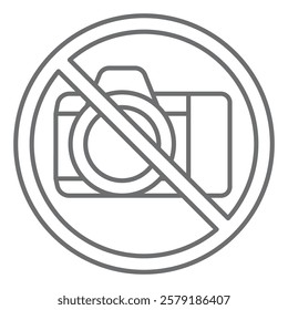 Camera for photography ban thin line icon, prohibited elements concept. Vector graphics. Photo camera shooting forbidden sign on white background, outline style icon for mobile or web design