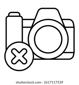 Camera for photography ban thin line icon, prohibited items concept. Vector graphics. Photo camera shooting forbidden sign on white background, linear style for mobile or design