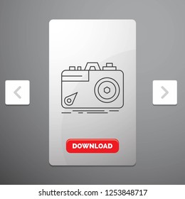 Camera, photography, capture, photo, aperture Line Icon in Carousal Pagination Slider Design & Red Download Button