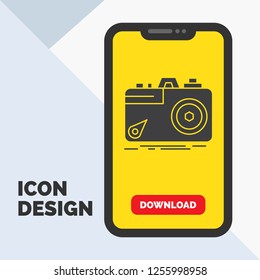 Camera, photography, capture, photo, aperture Glyph Icon in Mobile for Download Page. Yellow Background